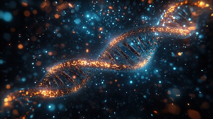 A digital representation of a DNA double helix with glowing particles.