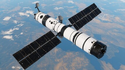 Spacecraft Orbiting Earth 3D Render Solar Panels Exploration Technology