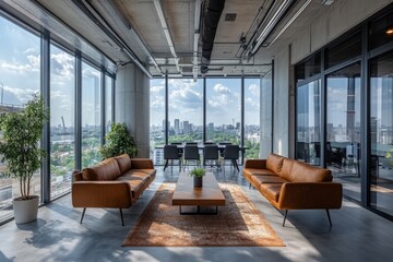 Modern office lounge with large windows overlooking a city skyline.
