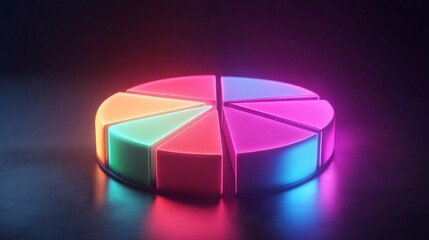 Obraz premium Vibrant Neon Pie Chart with Colorful Segments Illuminated in a Dark Background, Symbolizing Data and Trend Analysis in a Modern Context