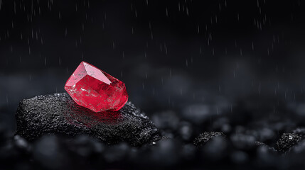 vibrant red crystal rests on dark rock, glistening in rain