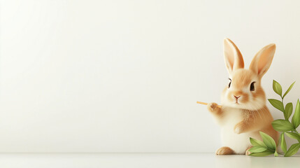 Obraz premium adorable bunny holding chalk beside green leaves, ready to create!