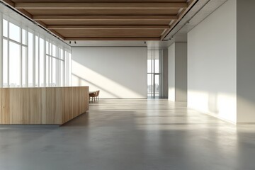 Fototapeta premium A spacious, modern office with wood beams, large windows, and a wooden counter.
