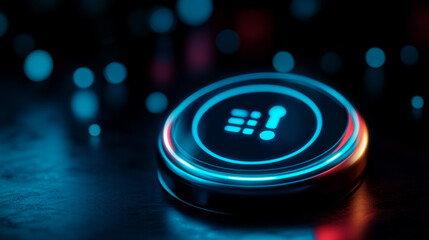 Glowing button with symbol on dark surface amidst colorful lights in a tech-themed setting