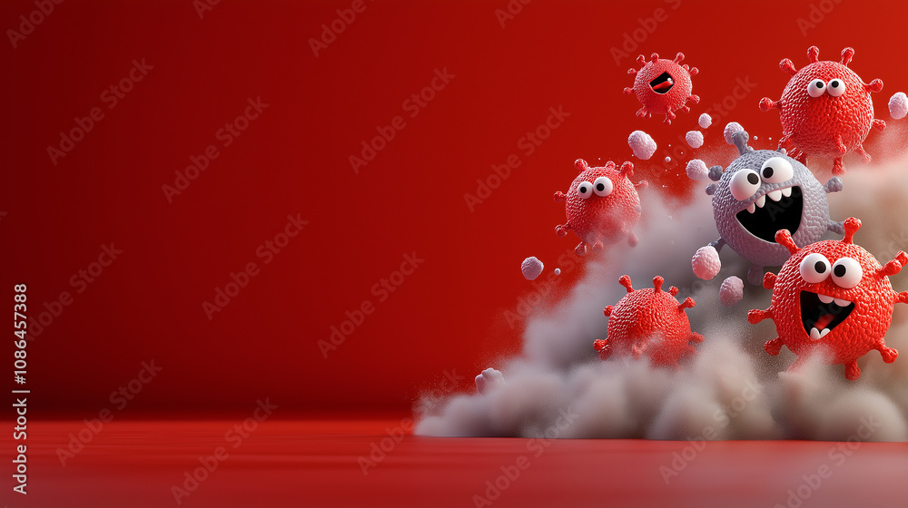 Poster bright and cheerful cartoon flu virus characters with playful expression