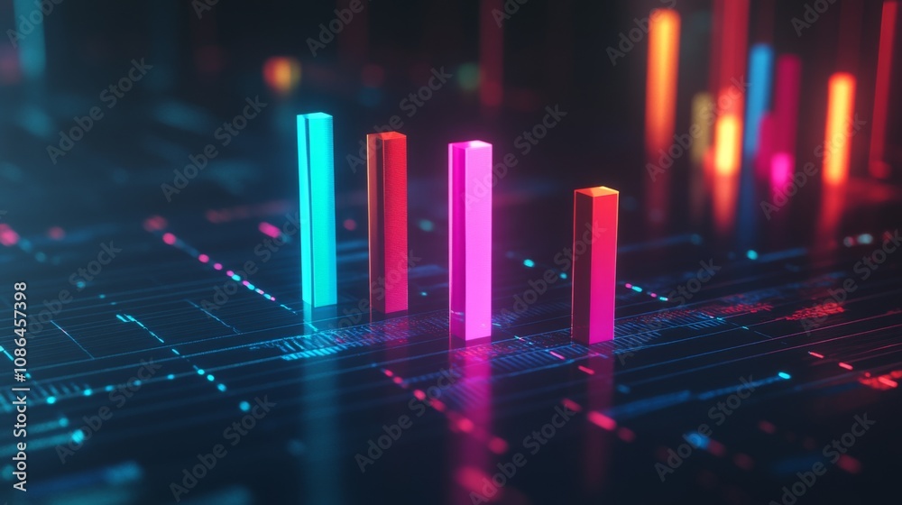 Poster dynamic abstract data visualization with colorful bar graphs on a futuristic background representing