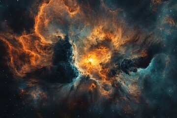A bright, fiery nebula erupts in a deep space landscape.