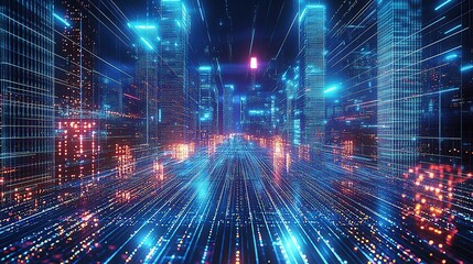 A futuristic cityscape with neon lights and holographic digital art, representing the era of new technology in urban development
