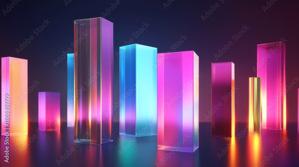 Poster colorful transparent cubes and rectangles glowing in neon lights on a dark background, creating a mo