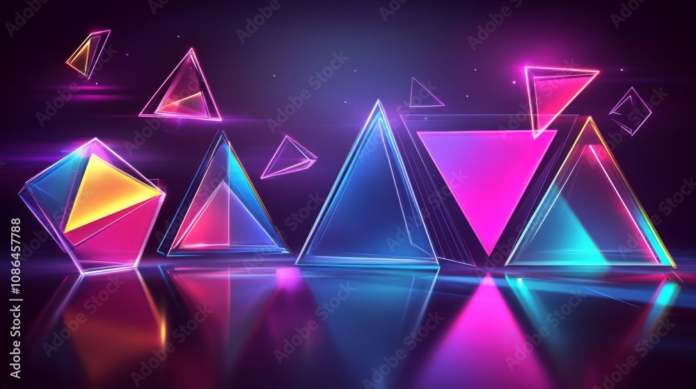 Poster colorful geometric shapes with neon light effects in a futuristic digital environment for modern cre