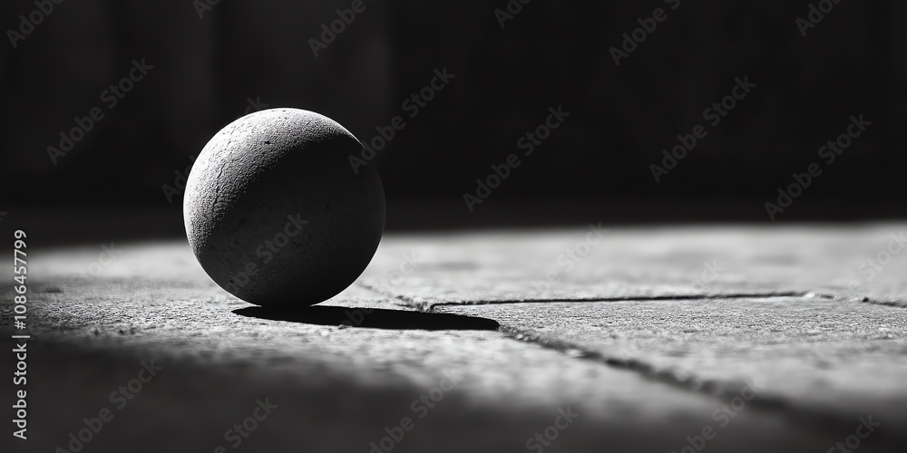 Poster A single, round stone sits on a textured surface, illuminated by a beam of light. The image is in black and white, creating a stark contrast.