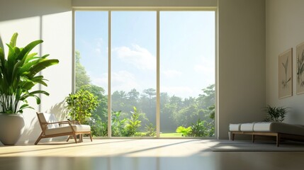 Modern Empty Room Interior Design with Large Windows, Wooden Floors and White Walls. Ai generated image