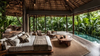 Luxury jungle villa with natural materials and seamless indoor outdoor spaces, AI Generated