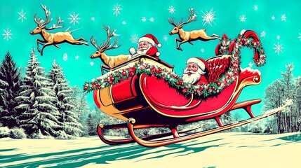 Naklejka premium Magical Holiday Scene: Santa Claus in a Red Sleigh with Reindeer Soaring Through a Snowy Sky - Perfect for Festive Poster Decor in Sports Interiors and Winter-Themed Spaces!