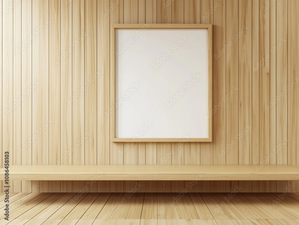 Poster a blank picture frame hangs on a wood paneled wall with a shelf below it.