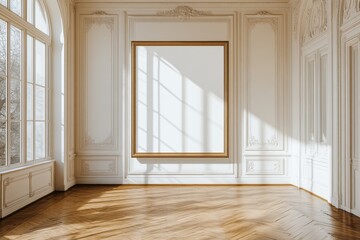 Obraz premium A large empty picture frame hangs on a white wall in a grand, ornate room with wood floors and sunlight streaming in through large windows.