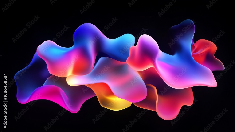 Poster abstract colorful fluid shapes on a dark background, captivating swirls of light and color illustrat