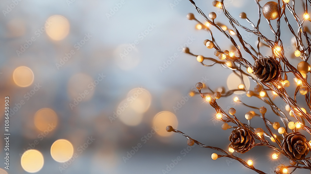 Poster close up of sparkling fairy lights with pine cones on branches