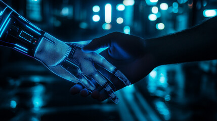 Fototapeta premium Human and robotic hand reaching out to connect in a futuristic city at night