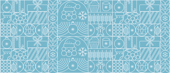 Christmas geometric background with simple line elements. Merry Christmas and Happy New Year abstract line design. Mosaic and Scandinavian style. Vector illustration