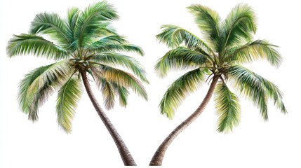 Obraz premium Two tall, lush green palm trees with bent trunks stand isolated on a white background.