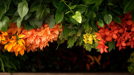 Colorful floral arrangements with vibrant leaves and flowers