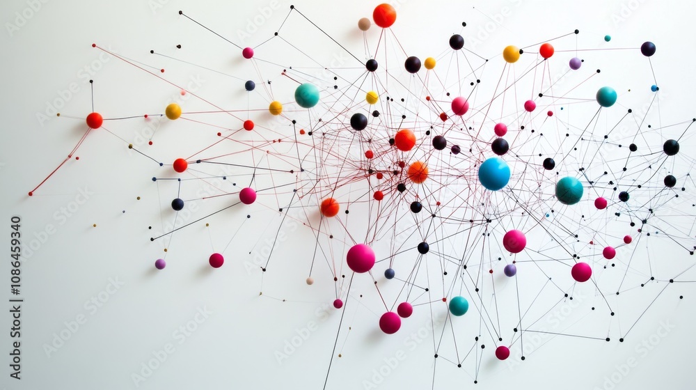 Leinwandbilder abstract network of colorful spheres and connecting lines illustrating complexity, relationships, an