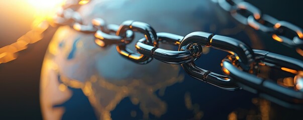 Trade war concept. Embargo chains wrapped around a glowing earth, trade war, sanctions and global impact