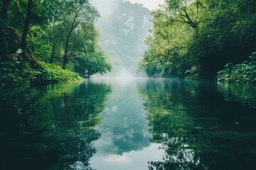 Obraz premium Misty River Reflecting Lush Green Foliage and Mountainous Landscape