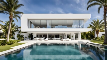 Fototapeta premium Luxury modern villa with white walls infinity pool and palm trees, AI Generated