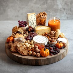 Fototapeta premium A festive charcuterie board designed for Thanksgiving, featuring an assortment of cheeses, nuts, dried fruits, and artisanal breads arranged on a rustic wooden platter. The warm hues reflect the