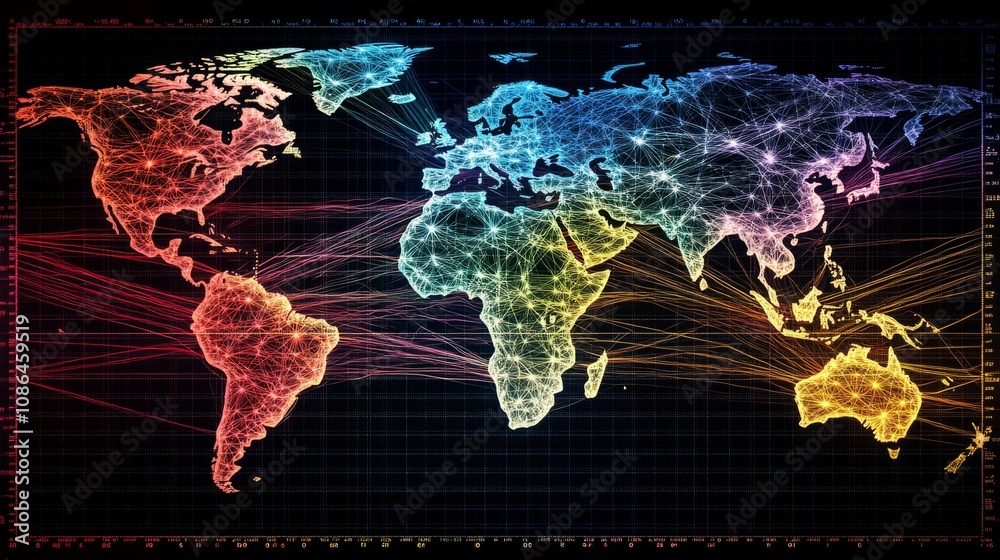 Poster global network connectivity map in colorful lines illustrating digital connections and data exchange