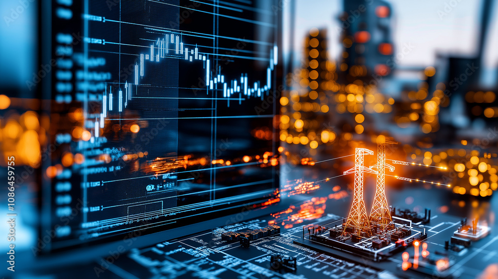 Poster Digital screen displaying energy stock values with power lines