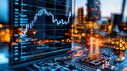 Digital screen displaying energy stock values with power lines