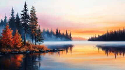 Fototapeta premium Serene Autumn Landscape with Misty Lake and Vibrant Foliage at Sunrise, Capturing the Beauty of Nature's Reflections and Tranquility at Dawn.