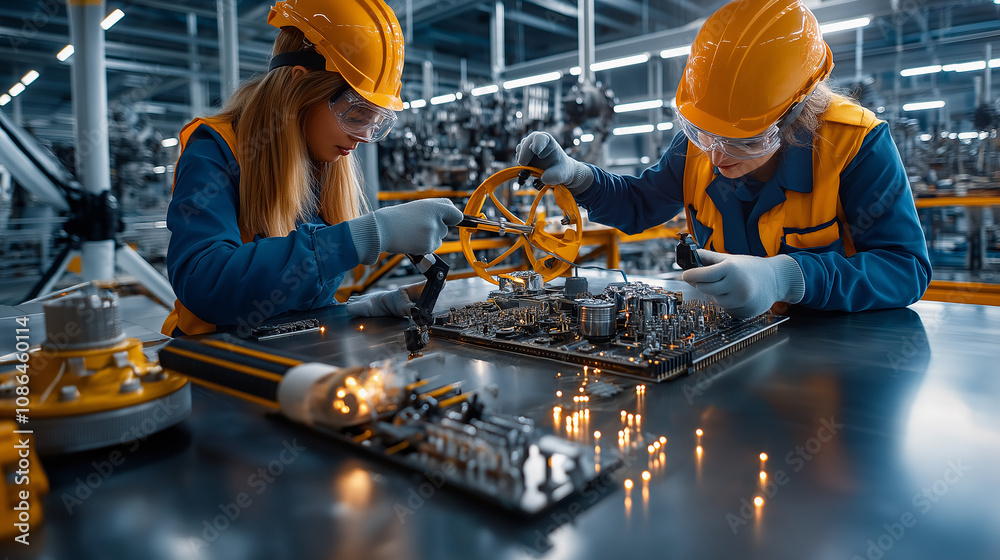 Poster engineers working on machinery in factory, focused and skilled