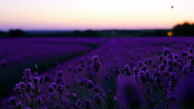Static wide video of a peaceful lavender field at dusk with a clear sky, soft twilight. rows of purple lavender stretch to the horizon