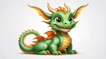 Fototapeta premium Playful cartoon green dragon, smiling with big eyes, ideal for festival illustrations, white backdrop. 