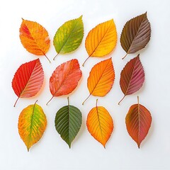 Obraz premium A delicate arrangement of freshly fallen leaves, showcasing a rainbow of autumn hues against a stark white background. The photo captures the essence of fall with attention to detail, revealing the