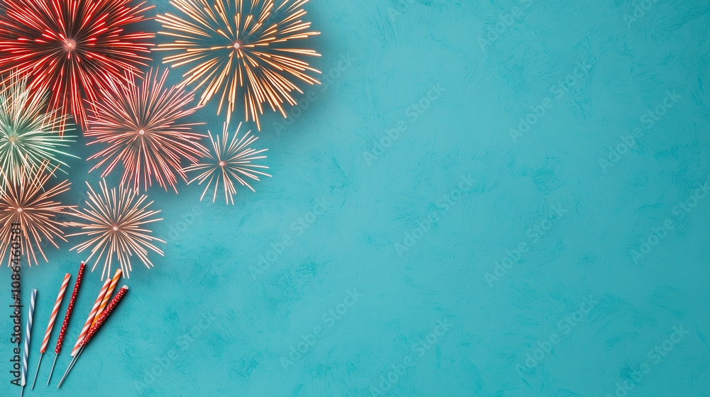 Poster Vibrant fireworks creating colorful patterns against blue background