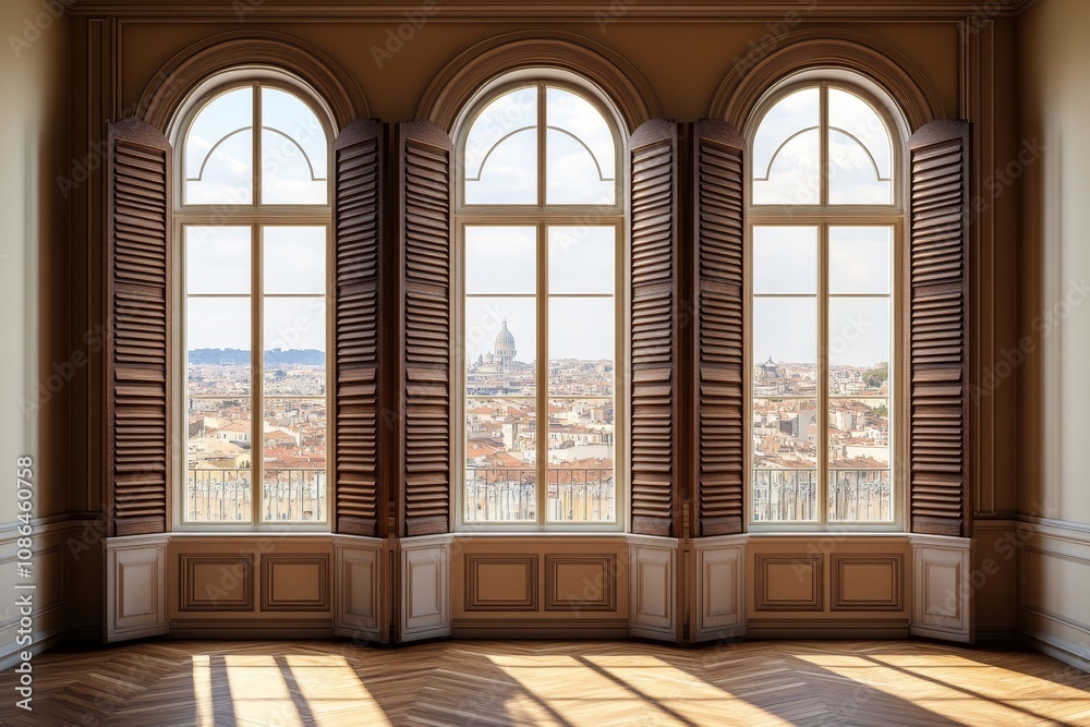 Poster three arched windows with wooden shutters in a room with a view of a city.