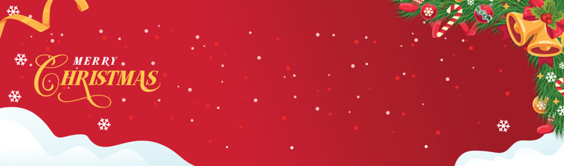 A festive red banner with a Christmas greeting, adorned with holly, bells, and snow.