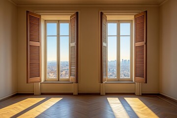 Obraz premium Two windows with wooden shutters open to a panoramic view of a city skyline from inside an empty room with wooden floors.
