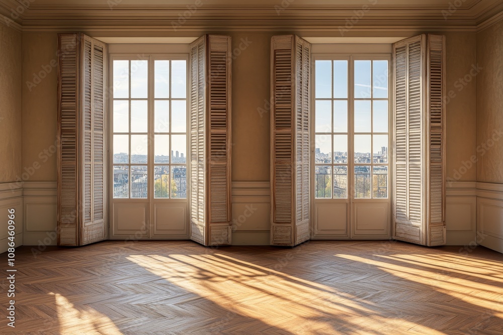 Aufkleber empty room with two large windows and wooden floor, with a view of a city skyline through the window