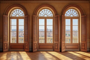 Fototapeta premium Three arched windows with wooden shutters open to reveal a cityscape view.