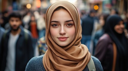 A portrait of an attractive young woman wearing a hijab, standing in the middle of a crowded street with people around her