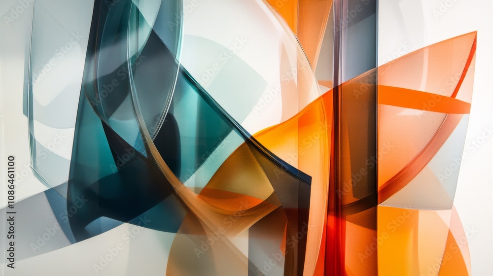 Fototapete abstract composition featuring colorful translucent shapes in vibrant hues of blue, orange, and gree