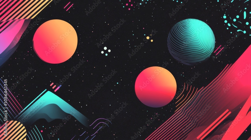 Poster colorful abstract space design with vibrant planets and dynamic lines, perfect for backgrounds and d