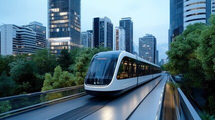 Fototapeta premium Modern tram on elevated track amidst urban skyline at dusk.