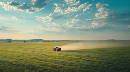 Fototapeta premium car releases a fine mist of what appears to be pesticide or fertilizer in a vast green field.